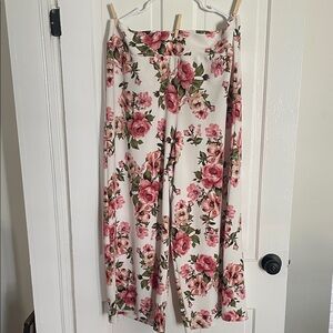 Floral Wide Leg Pants - Pink Rose on Cream
